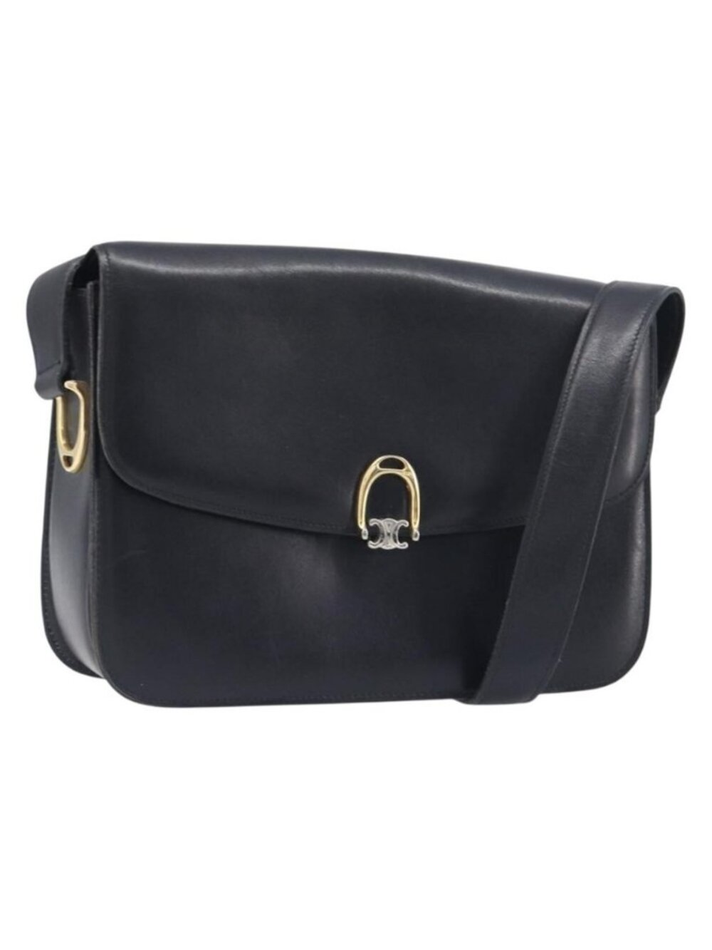 Authentic CELINE Shoulder Bag Leather Black Gold